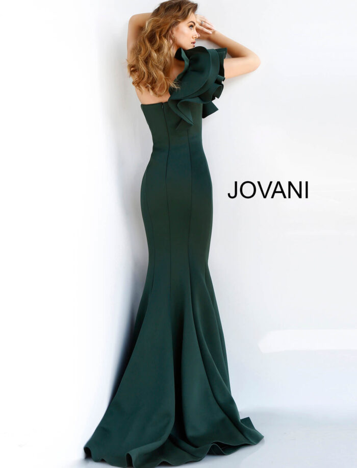 Model wearing Jovani 63994 One Shoulder Fitted Scuba Evening Dress