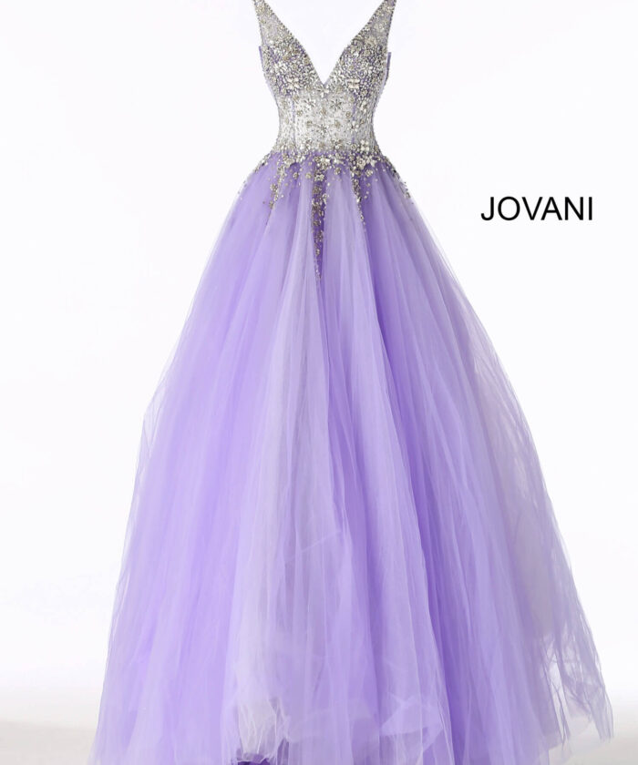 Model wearing Crystal Embellished Bodice Prom Ballgown 65379