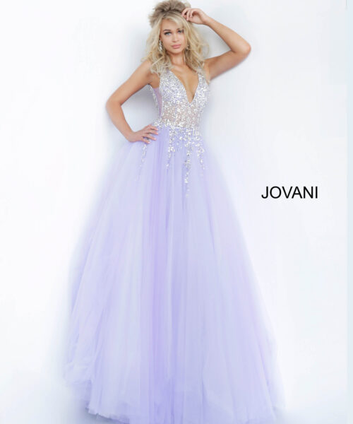 Model wearing Crystal Embellished Bodice Prom Ballgown 65379