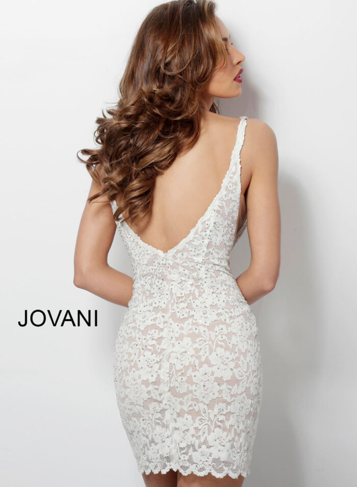 Model wearing Jovani 65576 Ivory Lace Plunging Neckline Cocktail Dress