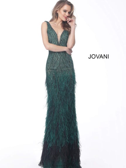 Model wearing Jovani 66003 emerald gown with V-neckline