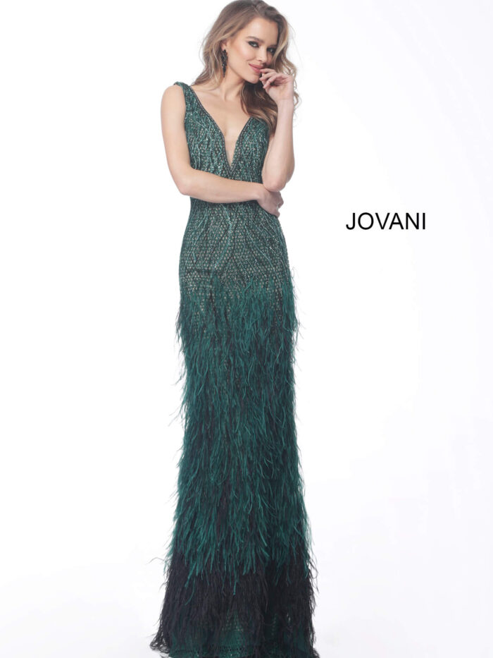 Model wearing Jovani 66003 Emerald Feather Bottom Embellished Evening Gown