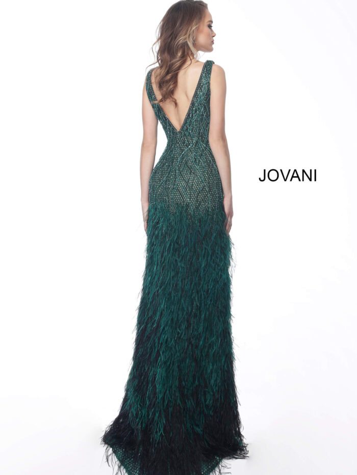 Model wearing Jovani 66003 Emerald Feather Bottom Embellished Evening Gown