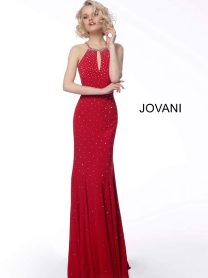 front view of Jovani 67101 red dress with halter neckline and keyhole detail