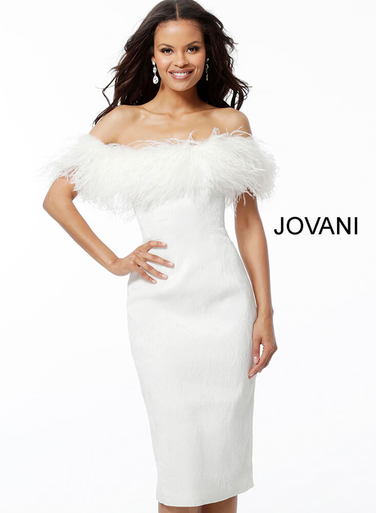 Jovani 67118 White Off the Shoulder Feather Neckline Knee Length Dress