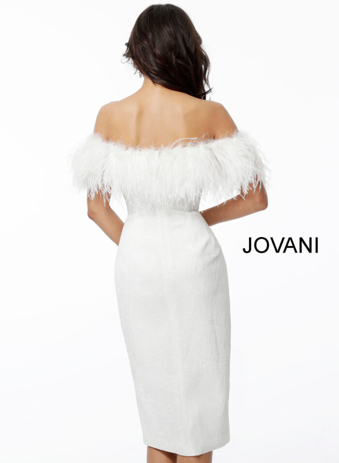 Model wearing Jovani 67118 White Off the Shoulder Feather Neckline Knee Length Dress