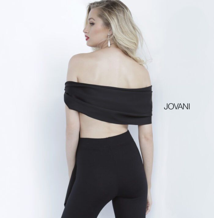 Model wearing Black Jovani Off the Shoulder Wrap 68693