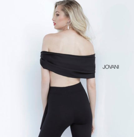 Back view of Jovani 68693 black off-the-shoulder top showcasing draping detail.