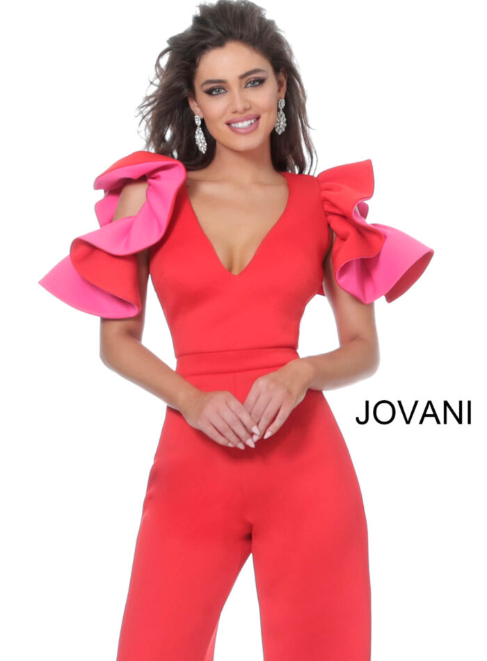 Model wearing Jovani 68736 Red Fuchsia V Neck Scuba Evening Jumpsuit