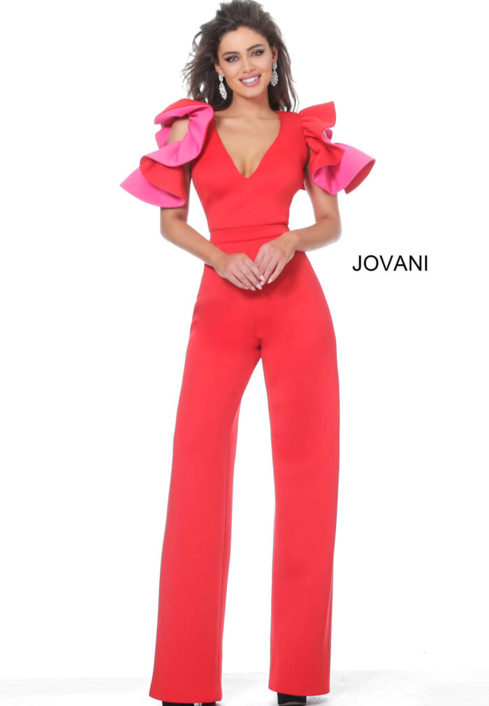 Model wearing Jovani 68736 Red Fuchsia V Neck Scuba Evening Jumpsuit