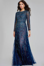 Model wearing Jovani 80807 navy gown, front view with intricate beadwork.