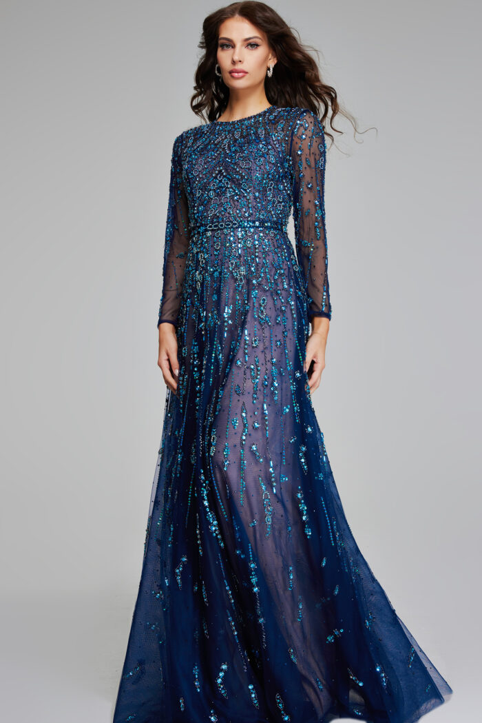 Model wearing Navy Embellished Evening Gown 80807