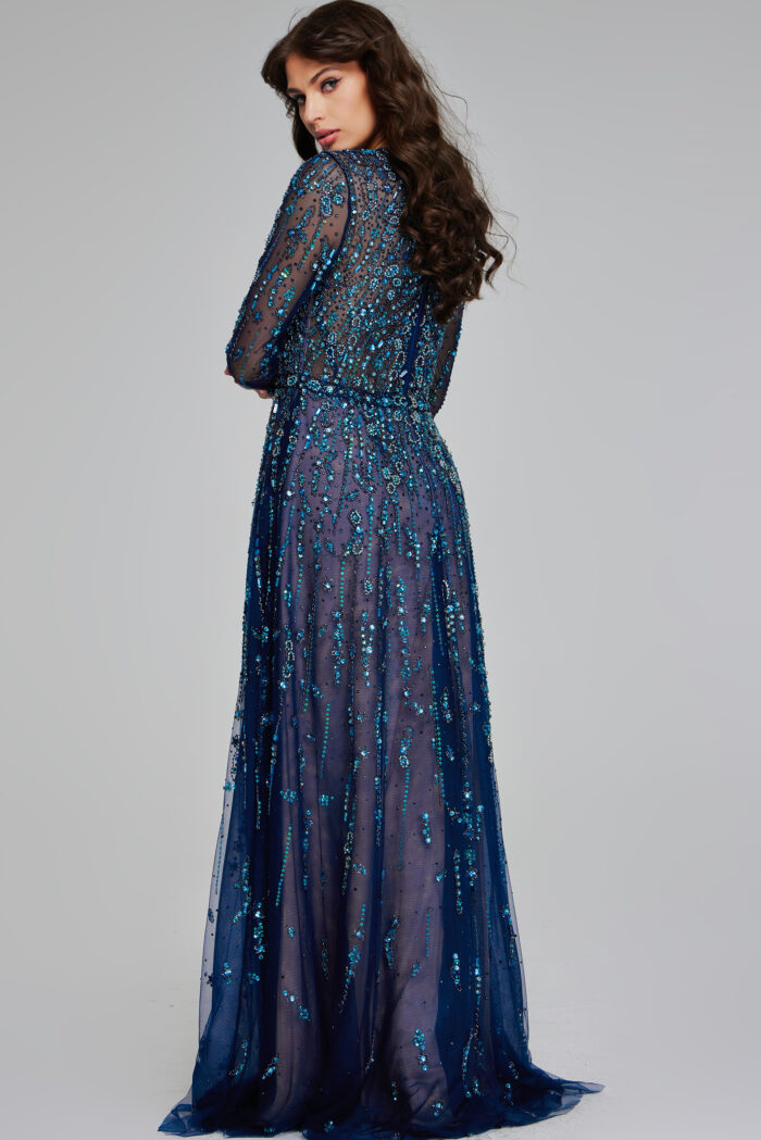 Model wearing Navy Embellished Evening Gown 80807