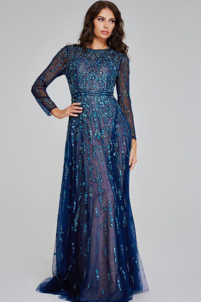 Model wearing Navy Embellished Evening Gown 80807