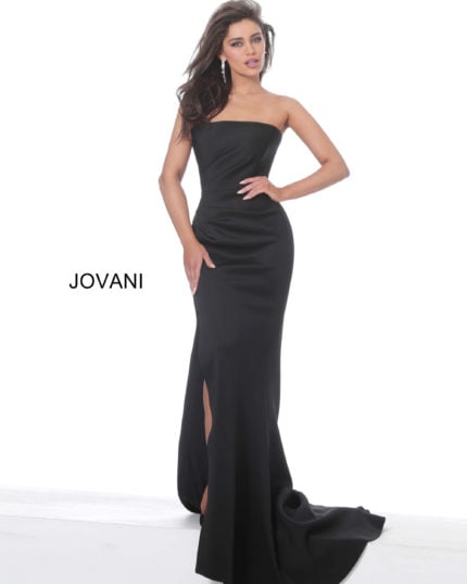 Model wearing Jovani 94366 in black, front view.