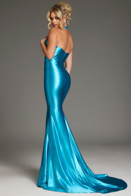 model wearing D5008 blue gown, back view, mermaid silhouette