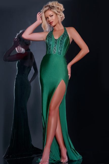 Model wearing Jovani D5034 green dress with fitted silhouette and V-neckline.