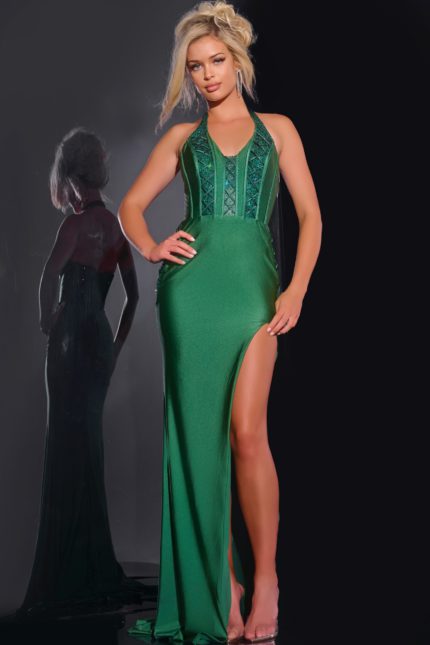 Model wearing Jovani D5034 elegant green dress with deep V-neckline and side slit.