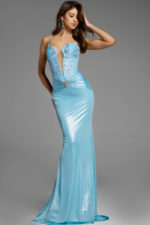 fitted bodice blue dress with embellished bodice D5046