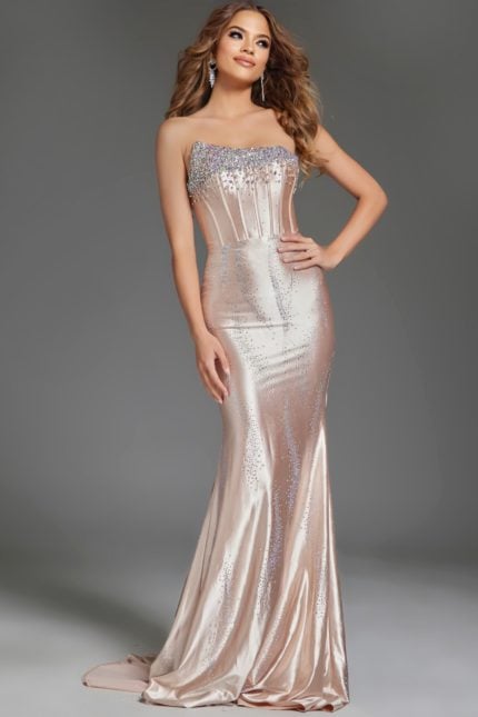 Model wearing Jovani D5100 front view with sweetheart neckline and embellishments.