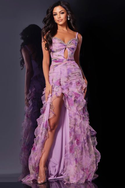 Model wearing Jovani D5113 multi-colored gown with beaded sweetheart neckline and layered ruffles, front view.