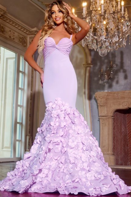 Model wearing Jovani D5309 lilac mermaid gown with floral appliqués and sweetheart neckline, front view.