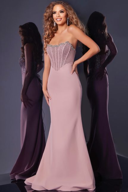 Model wearing D5310 blush mermaid gown, full front view showcasing embellishments.