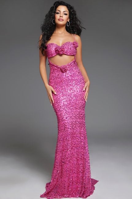 Model wearing Jovani D5403 hot pink gown with sweetheart neckline and sequins, main image.