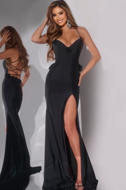 Model wearing Jovani D5821 black dress with V-neckline and high slit.