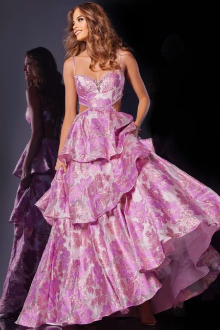 Model wearing D5994 pink gown with floral pattern and sweetheart neckline.