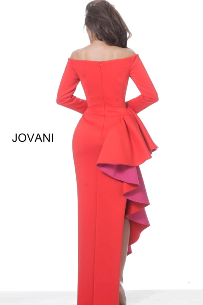 Model wearing Jovani 00574 Red Fuchsia Off the Shoulder Evening Dress