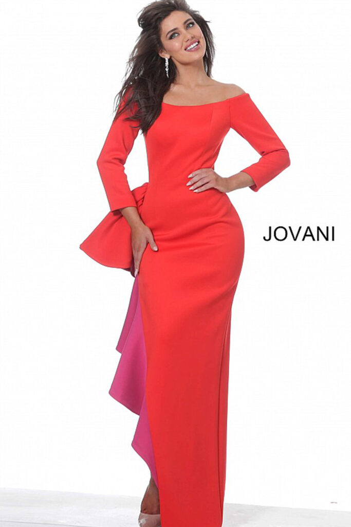 Jovani 00574 Red Fuchsia Off the Shoulder Evening Dress