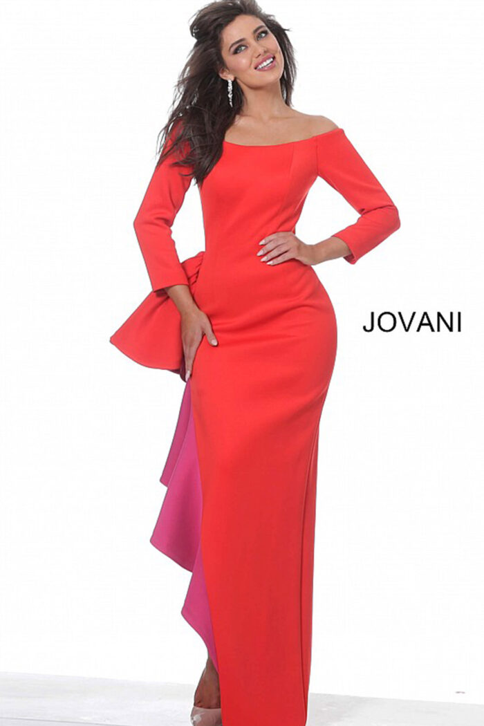 Model wearing Jovani 00574 Red Fuchsia Off the Shoulder Evening Dress
