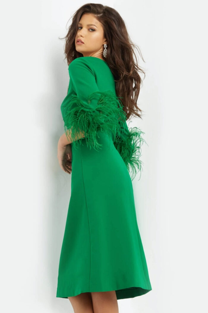 Model wearing Jovani 07341 Emerald Short Feather Sleeve Tea Length Dress