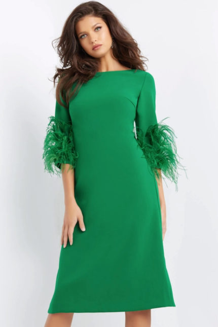 Model wearing Jovani 07341 green midi dress with feather-trimmed sleeves, front view.