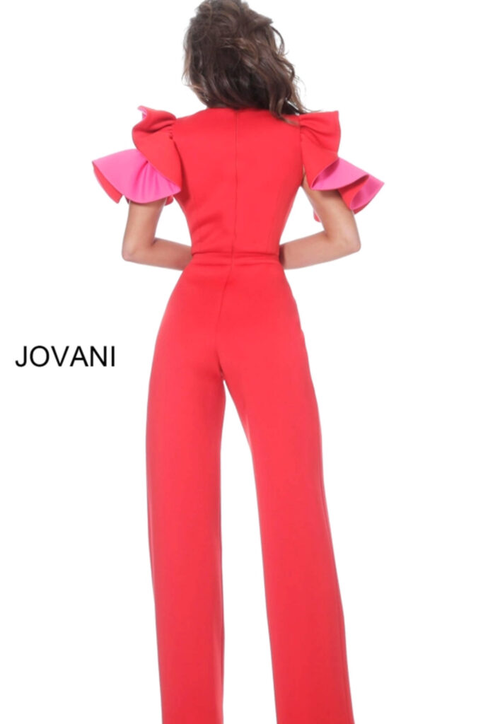 Jovani 68736 Red Fuchsia V Neck Scuba Evening Jumpsuit