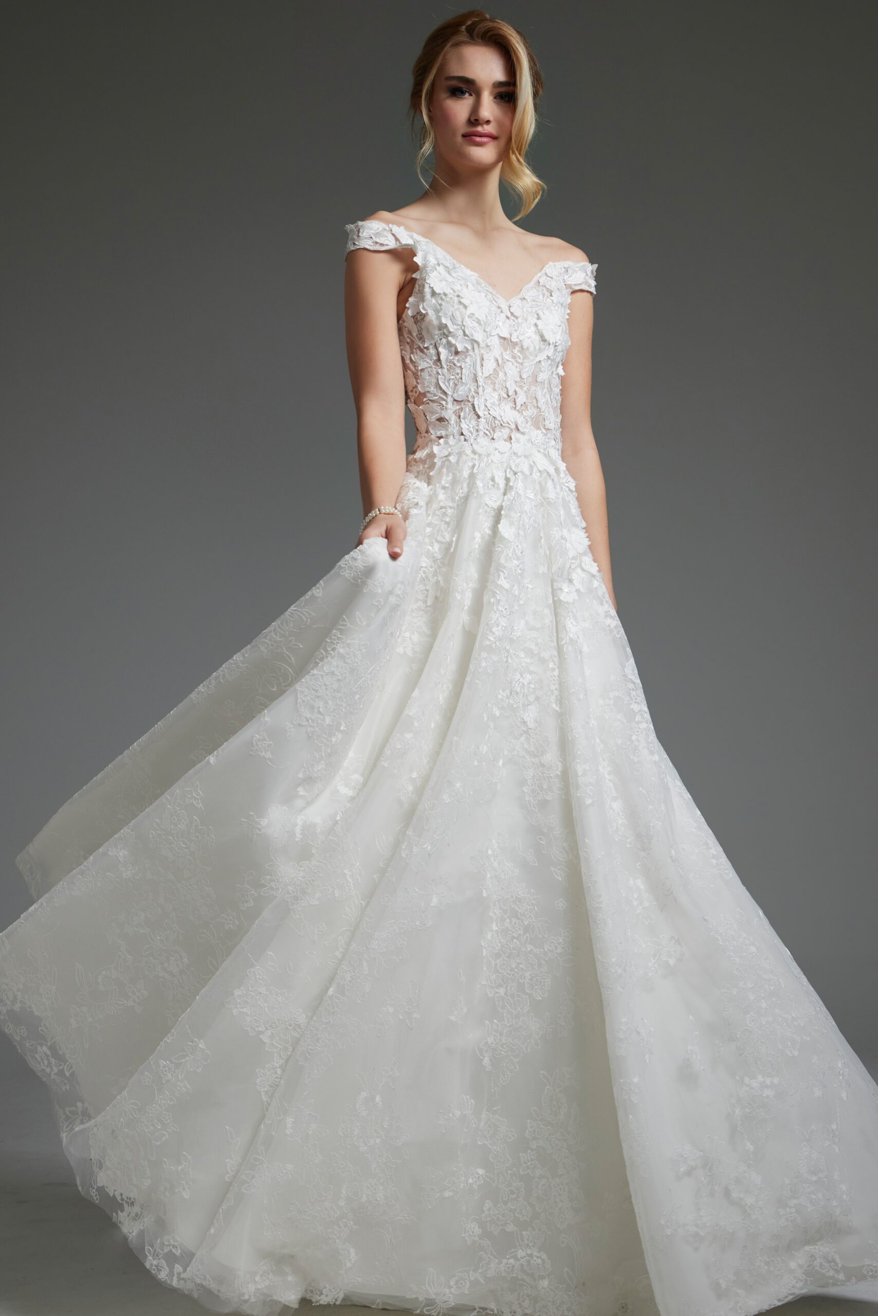 Off White Floral Off the Shoulder Wedding Dress JB05402