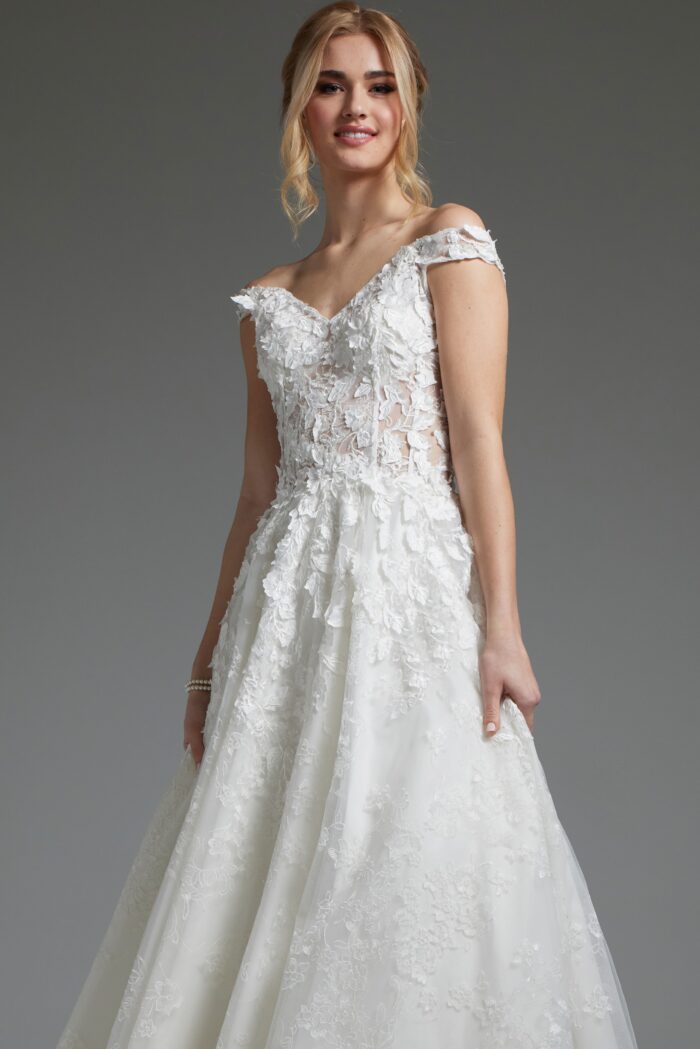 Model wearing Off White Floral Off the Shoulder Wedding Dress JB05402