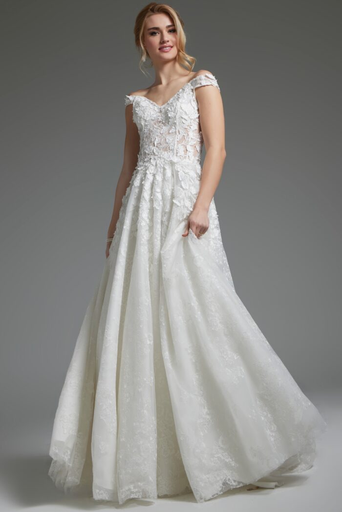 Model wearing Off White Floral Off the Shoulder Wedding Dress JB05402