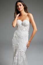 Model wearing JB02836 elegant white gown with lace appliqués, front view