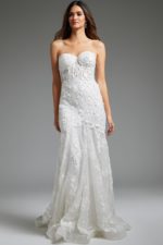 Model wearing JB02836 elegant white gown with lace appliqués, front view