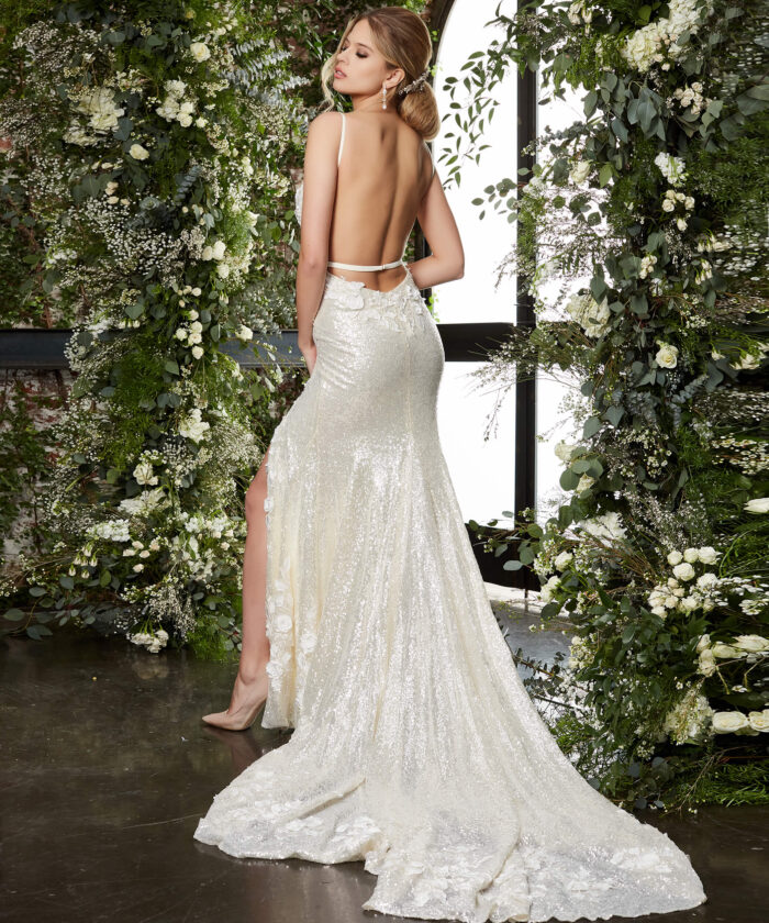 Model wearing Jovani JB03592 Cream Sequin Spaghetti Strap Bridal Dress