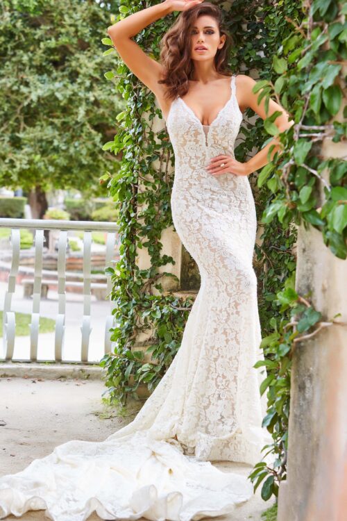 Model wearing Jovani JB03864 Ivory Lace Wedding Dress
