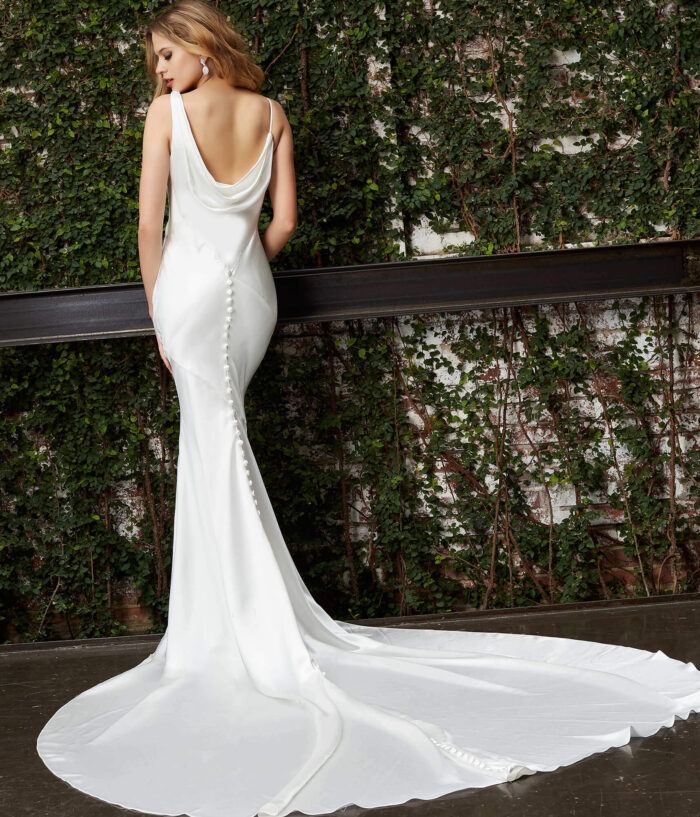 Model wearing Jovani JB03910 Off White Cowl Neckline Bridal Dress