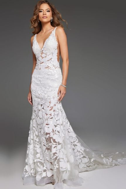 Model wearing Jovani JB04192 white gown with V-neckline and floral appliqué from front view