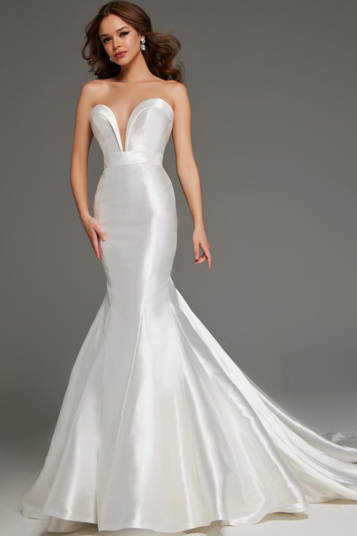 Satin bridal dress with button-detailed train