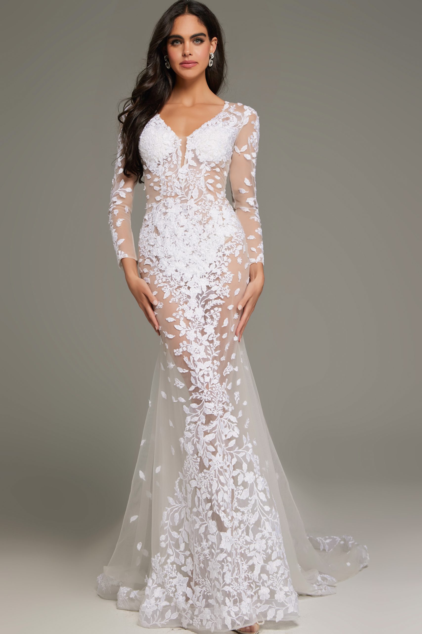 Jovani JB06861 Ivory Embellished Long Sleeve Illusion Wedding Dress