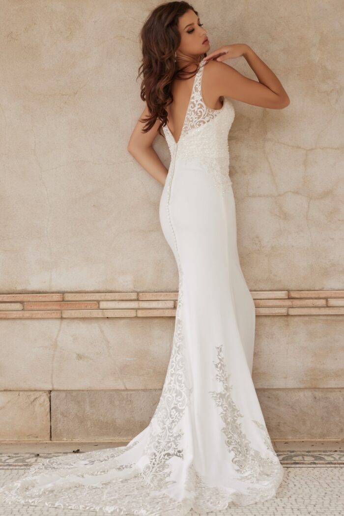 Model wearing Jovani JB06928 Ivory Embroidered Bodice Bridal Dress