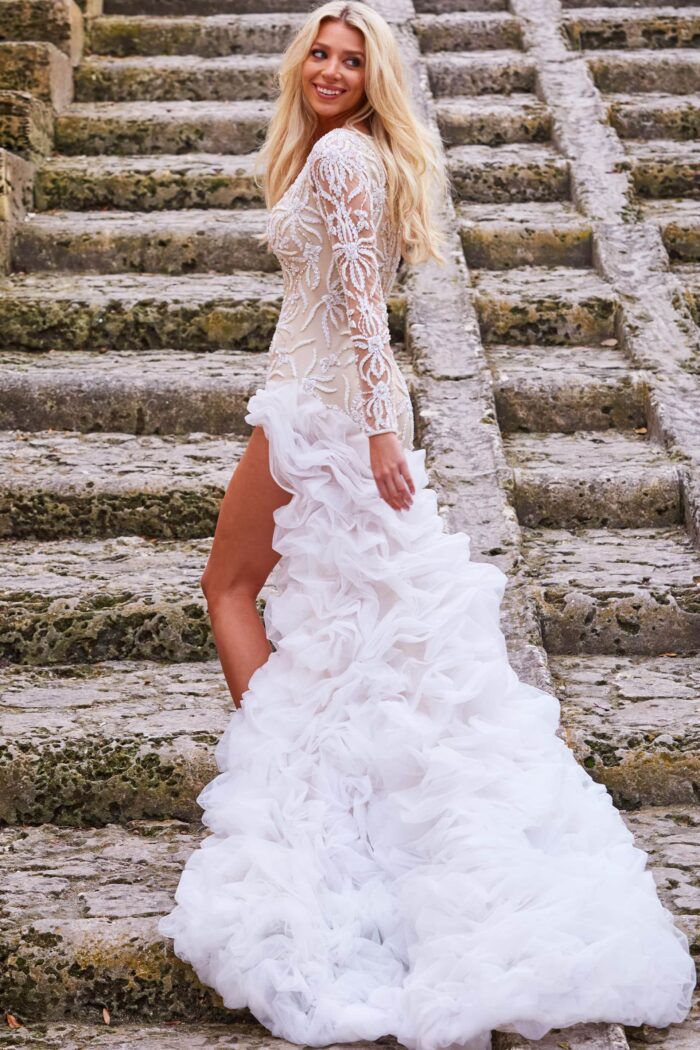 Model wearing Sexy High Slit White Wedding Dress JB07059