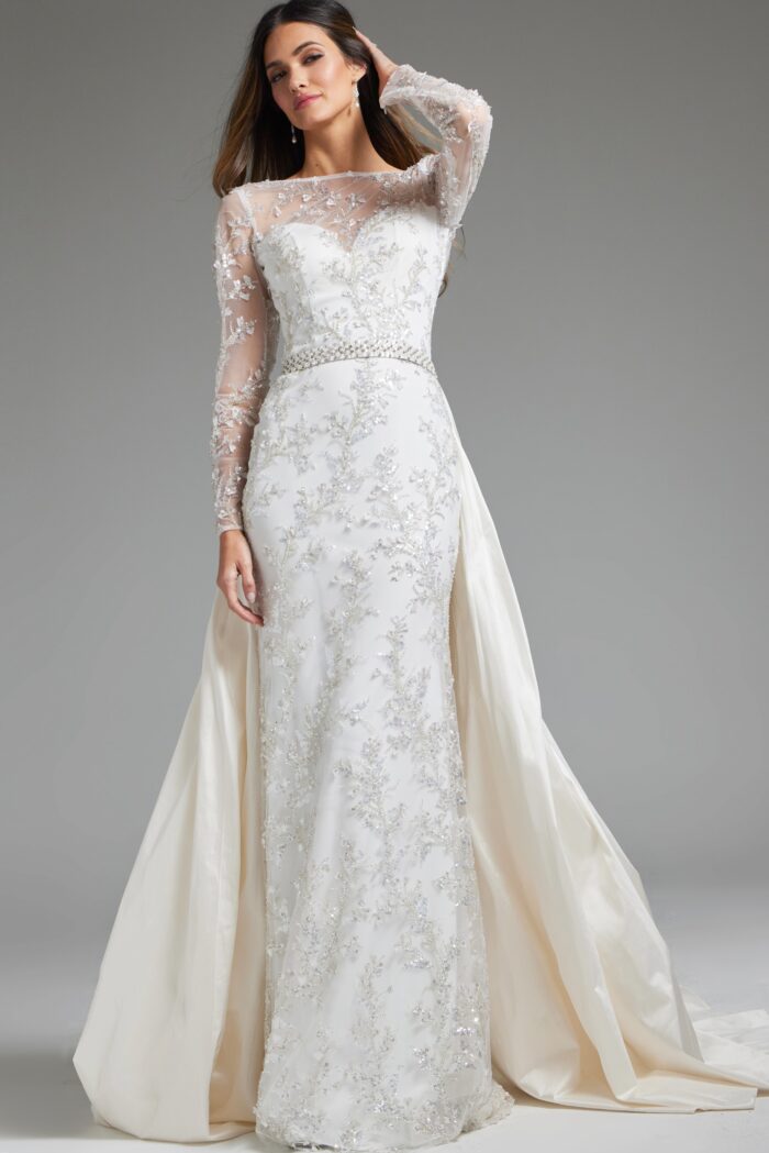Model wearing Ivory Embellished Belt Long Sleeve Bridal Dress JB07376